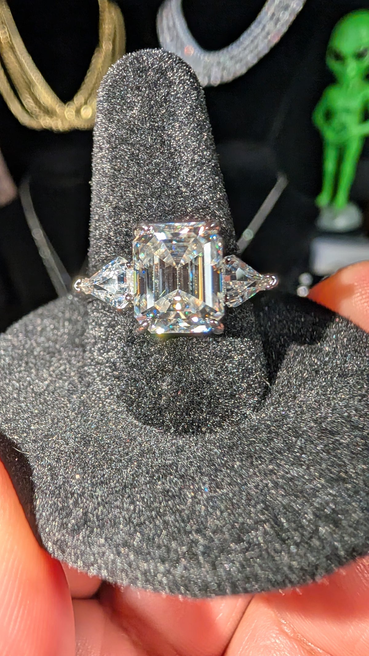 Galactic Ice 4CT Emerald Cut Moissanite 3 Stone Ring D Color S925
