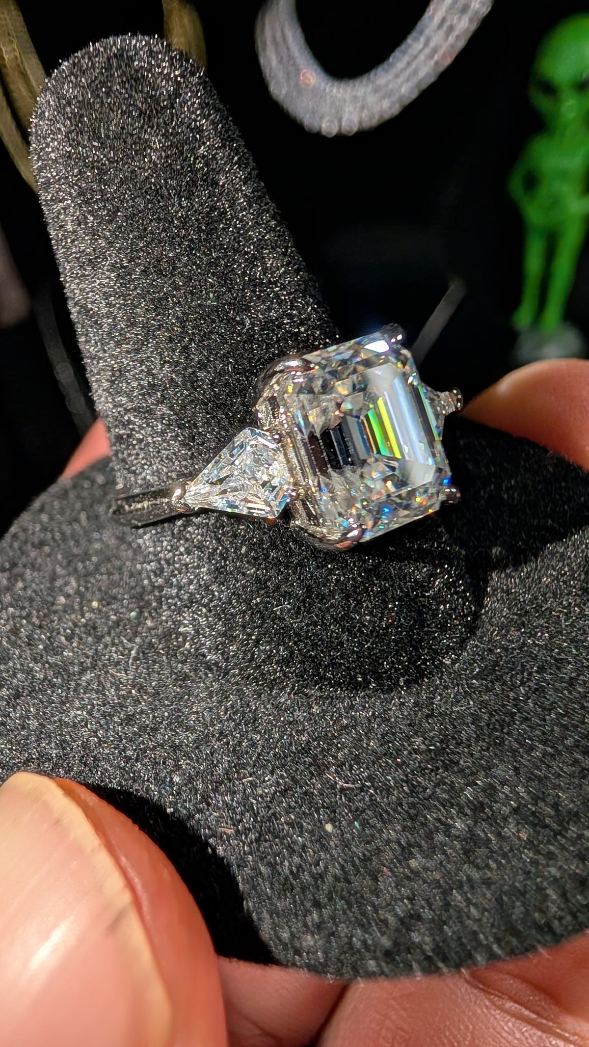Galactic Ice 4CT Emerald Cut Moissanite 3 Stone Ring D Color S925