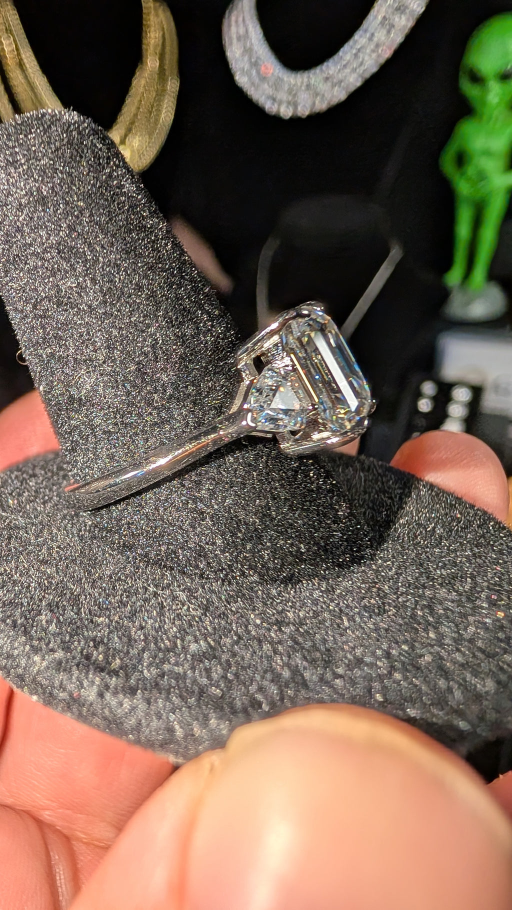 Galactic Ice 4CT Emerald Cut Moissanite 3 Stone Ring D Color S925