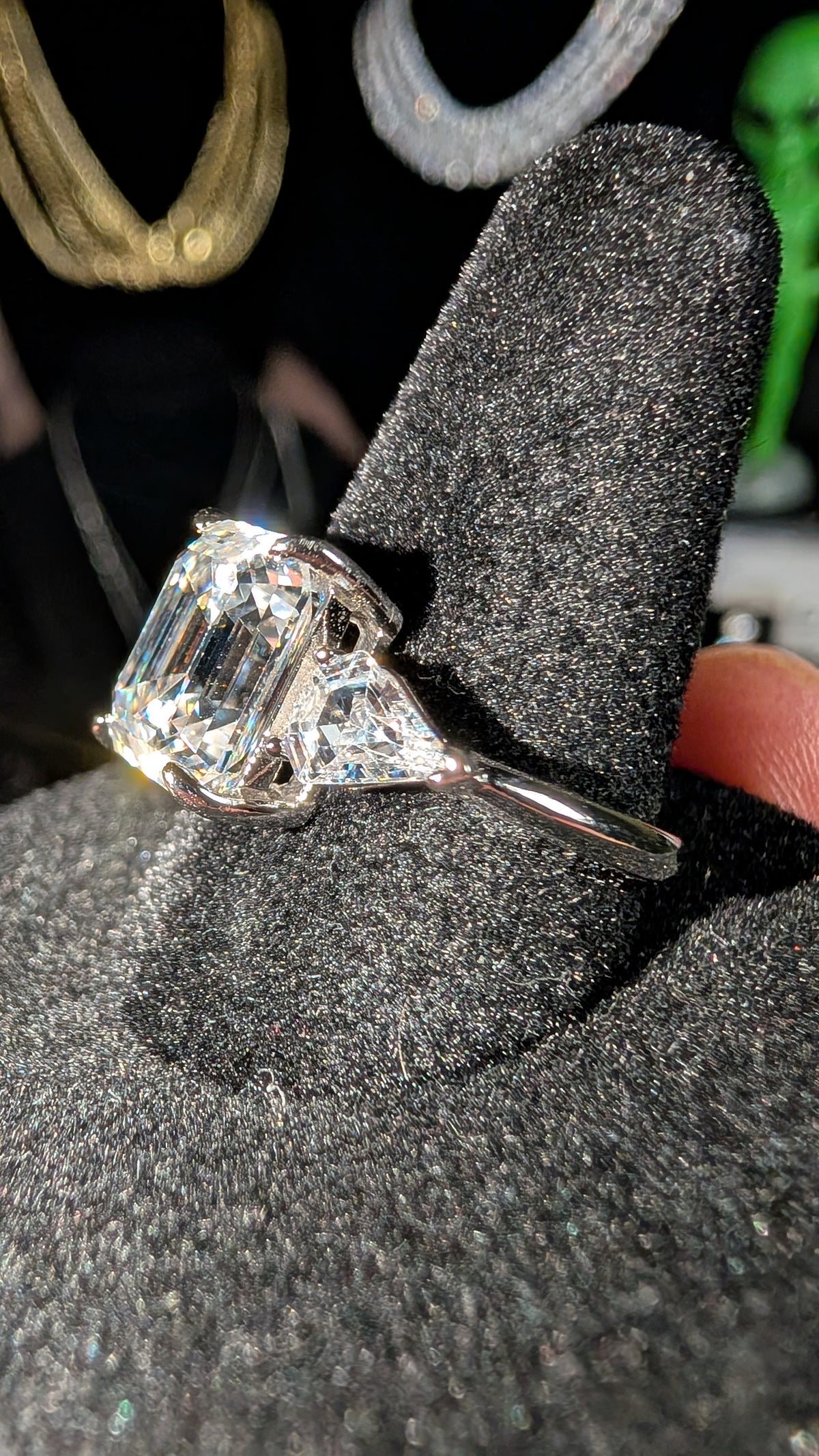 Galactic Ice 4CT Emerald Cut Moissanite 3 Stone Ring D Color S925