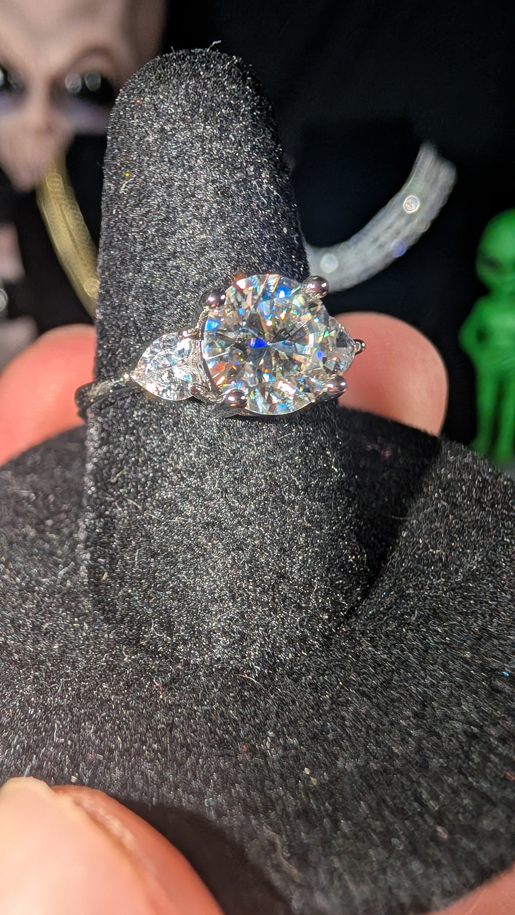 Plated 2ct Round Brilliant Center Moissanite With sparking heart shaped CZ side stones