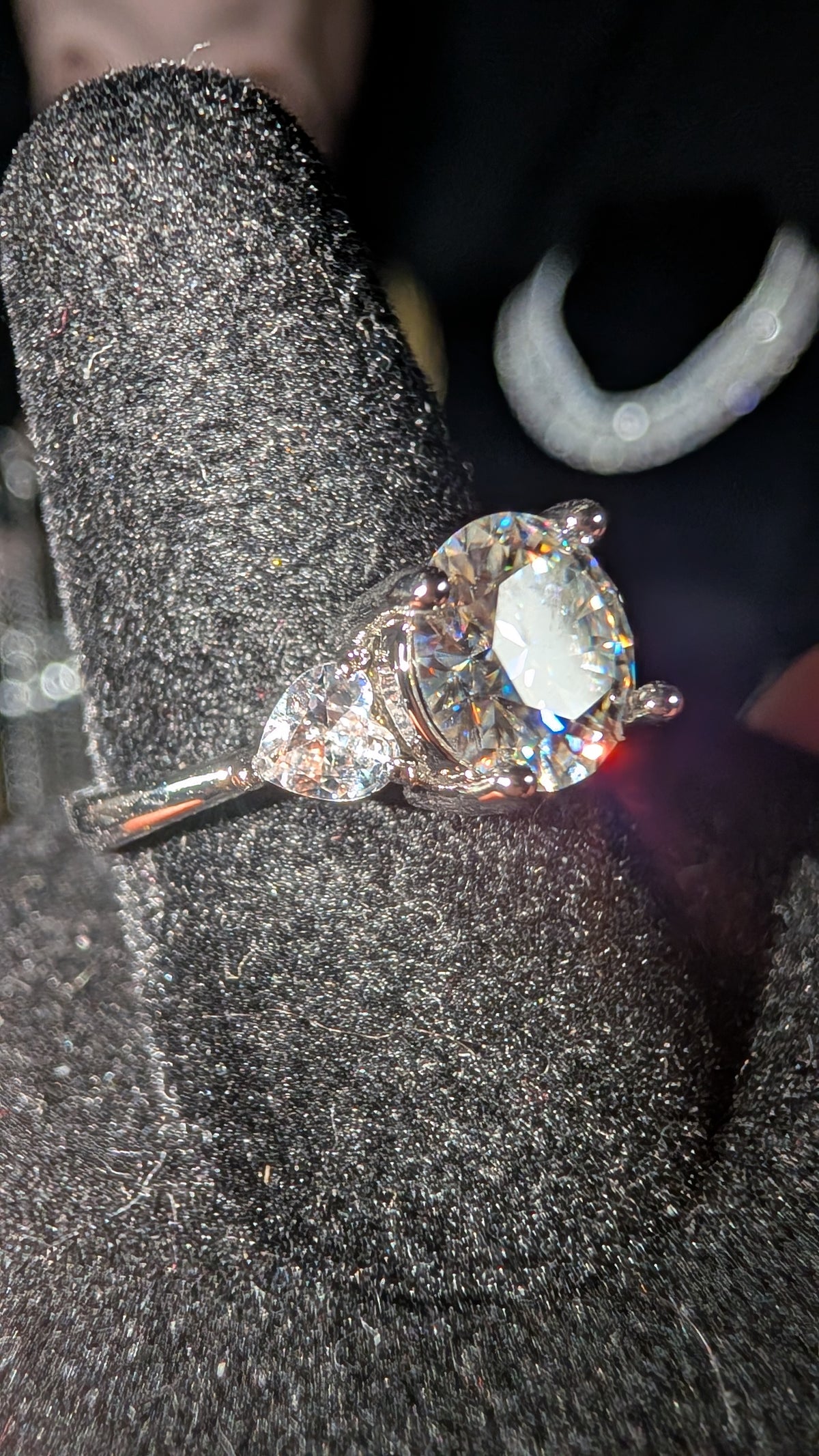 Plated 2ct Round Brilliant Center Moissanite With sparking heart shaped CZ side stones