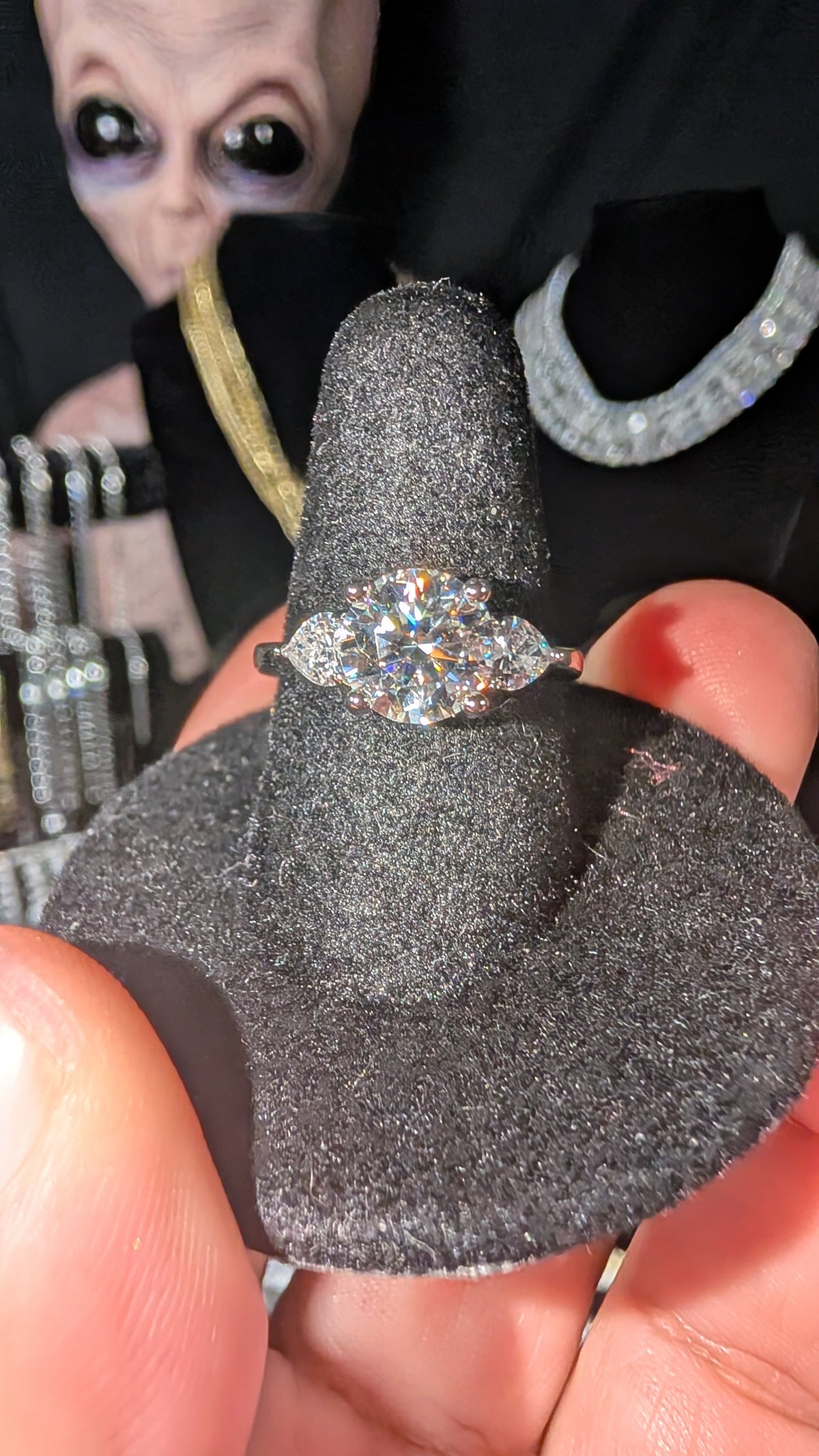 Plated 2ct Round Brilliant Center Moissanite With sparking heart shaped CZ side stones