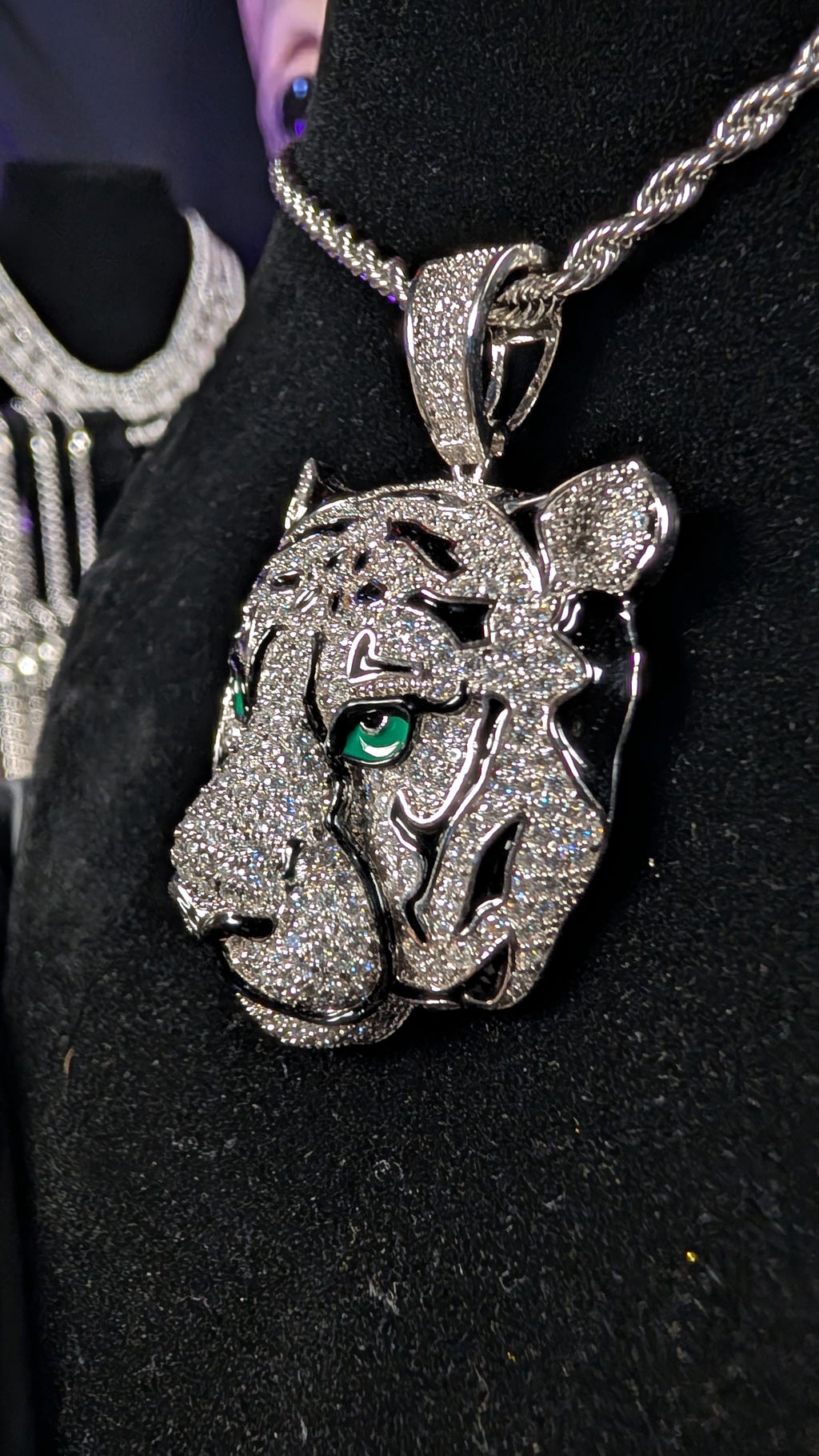 Plated Nebula Predator Moissanite Pendant on a 24 inch 3mm Plated Rope Chain