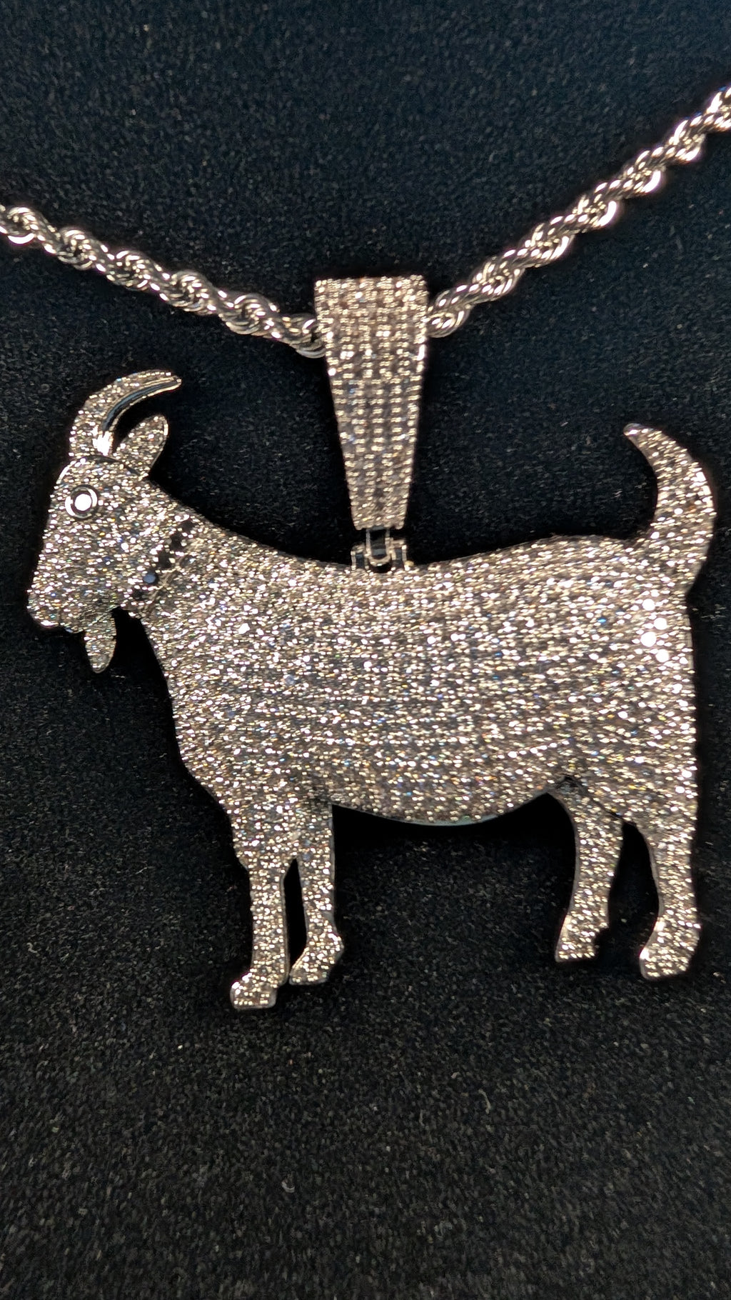 Plated Cosmic G.O.A.T Moissanite Pendant on a 24 inch 3 mm Plated Rope Chain