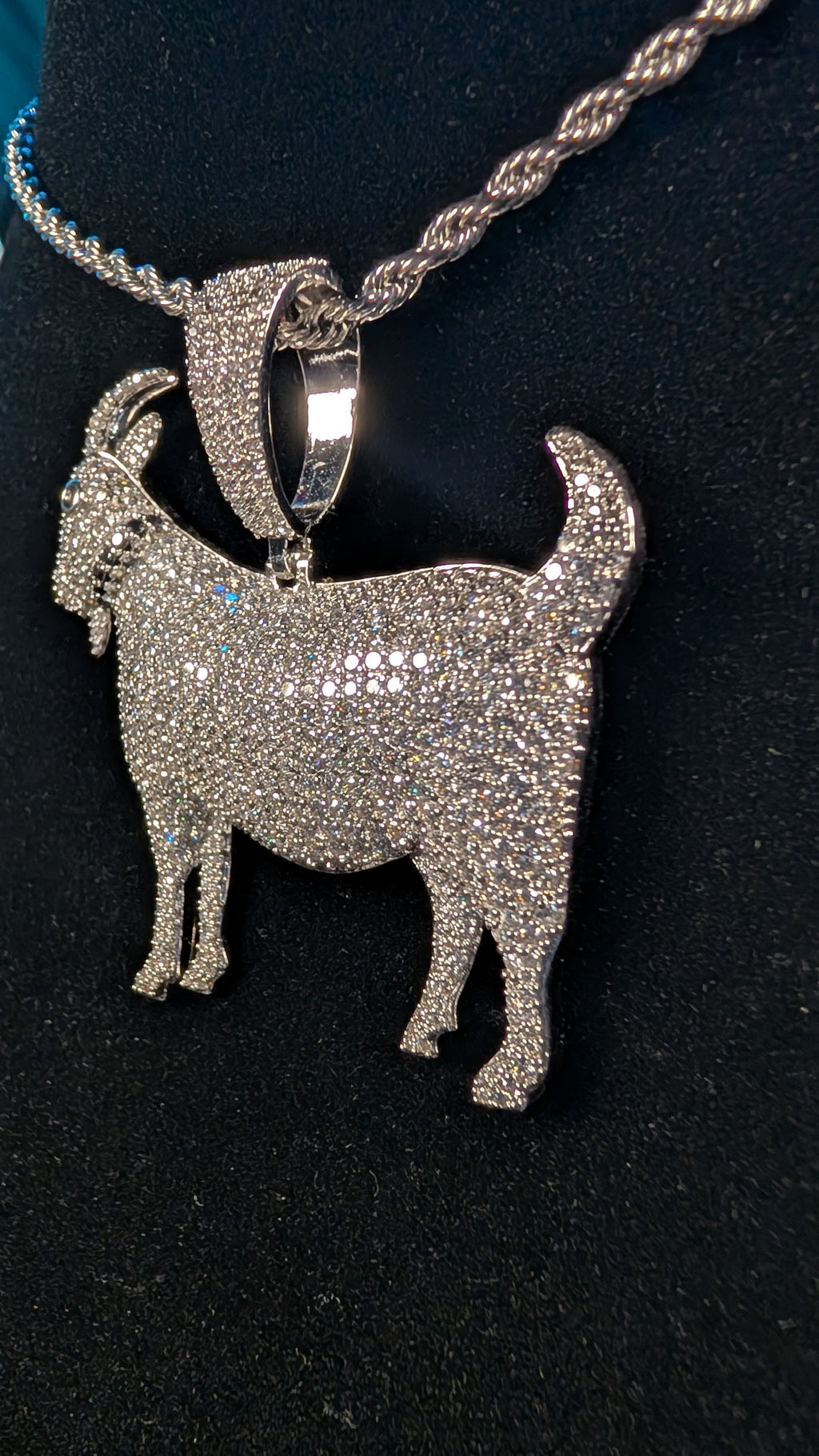Plated Cosmic G.O.A.T Moissanite Pendant on a 24 inch 3 mm Plated Rope Chain
