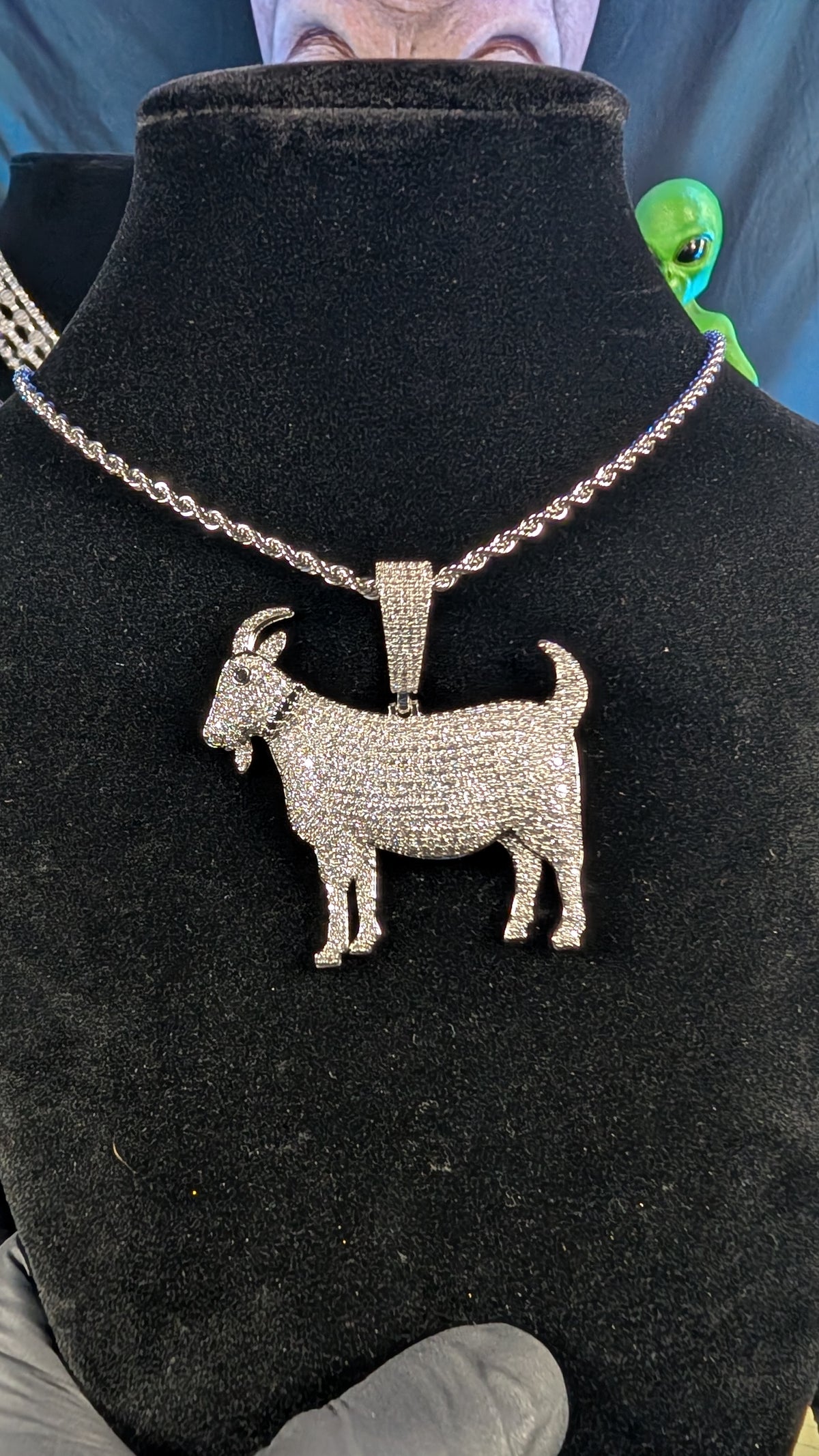Plated Cosmic G.O.A.T Moissanite Pendant on a 24 inch 3 mm Plated Rope Chain