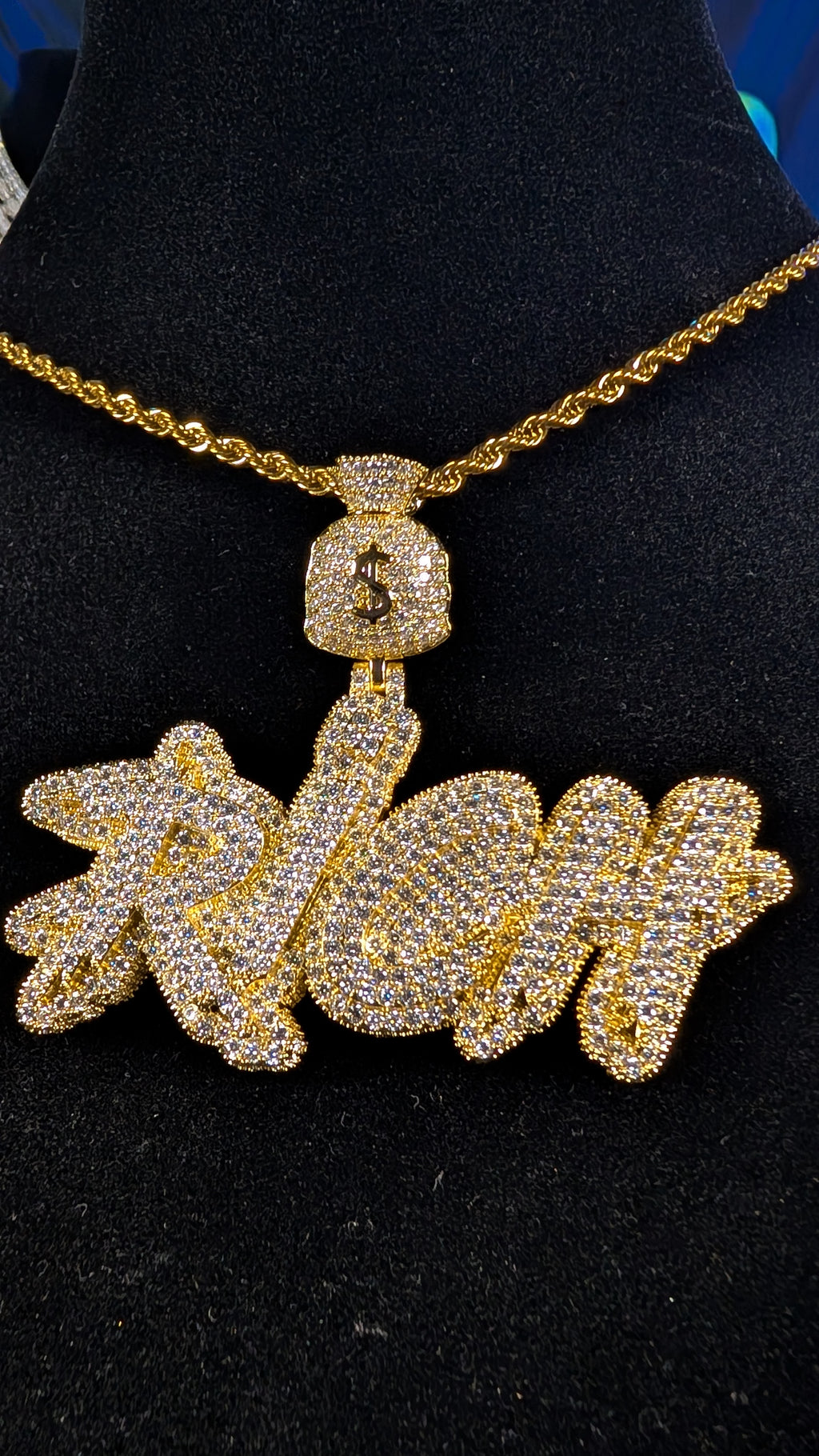 Plated Gold Cosmic Riches Moissanite Pendant on a 24in 3mm Rope Chain