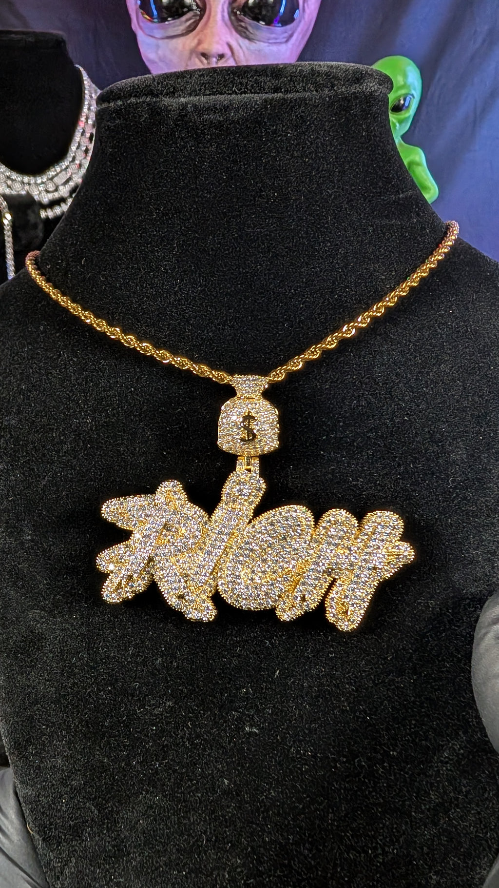 Plated Gold Cosmic Riches Moissanite Pendant on a 24in 3mm Rope Chain