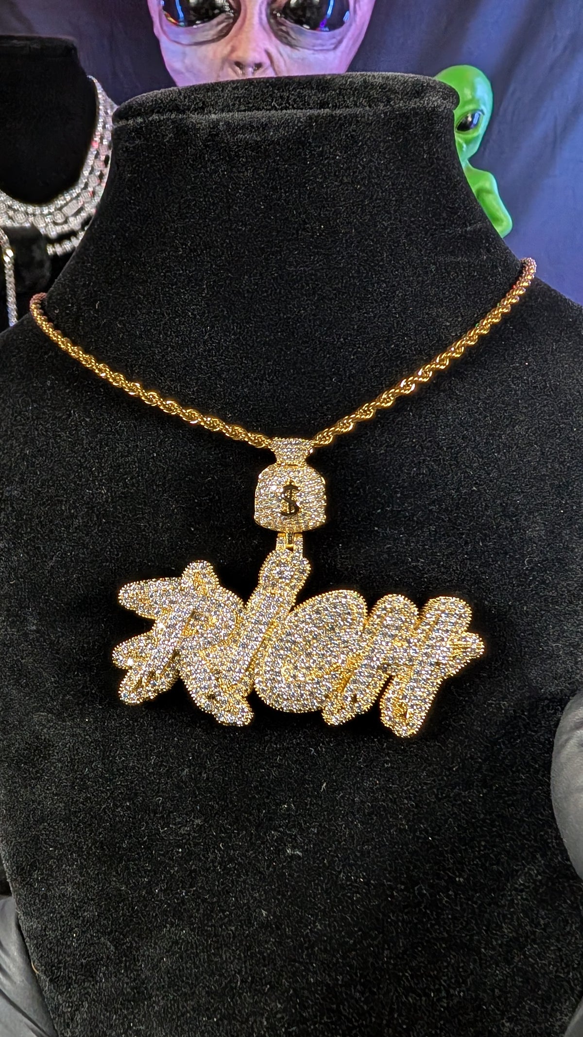Plated Gold Cosmic Riches Moissanite Pendant on a 24in 3mm Rope Chain