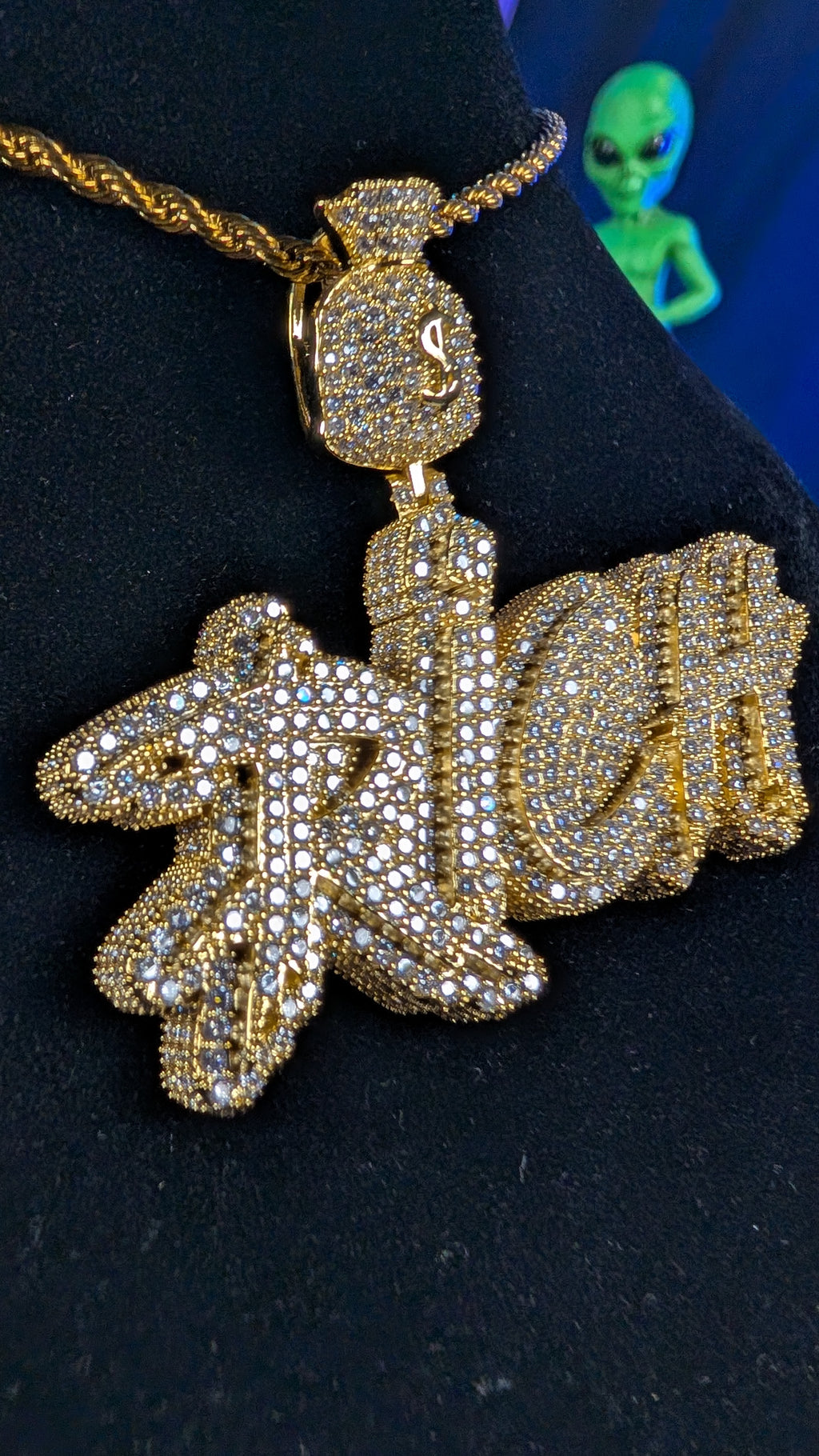 Plated Gold Cosmic Riches Moissanite Pendant on a 24in 3mm Rope Chain