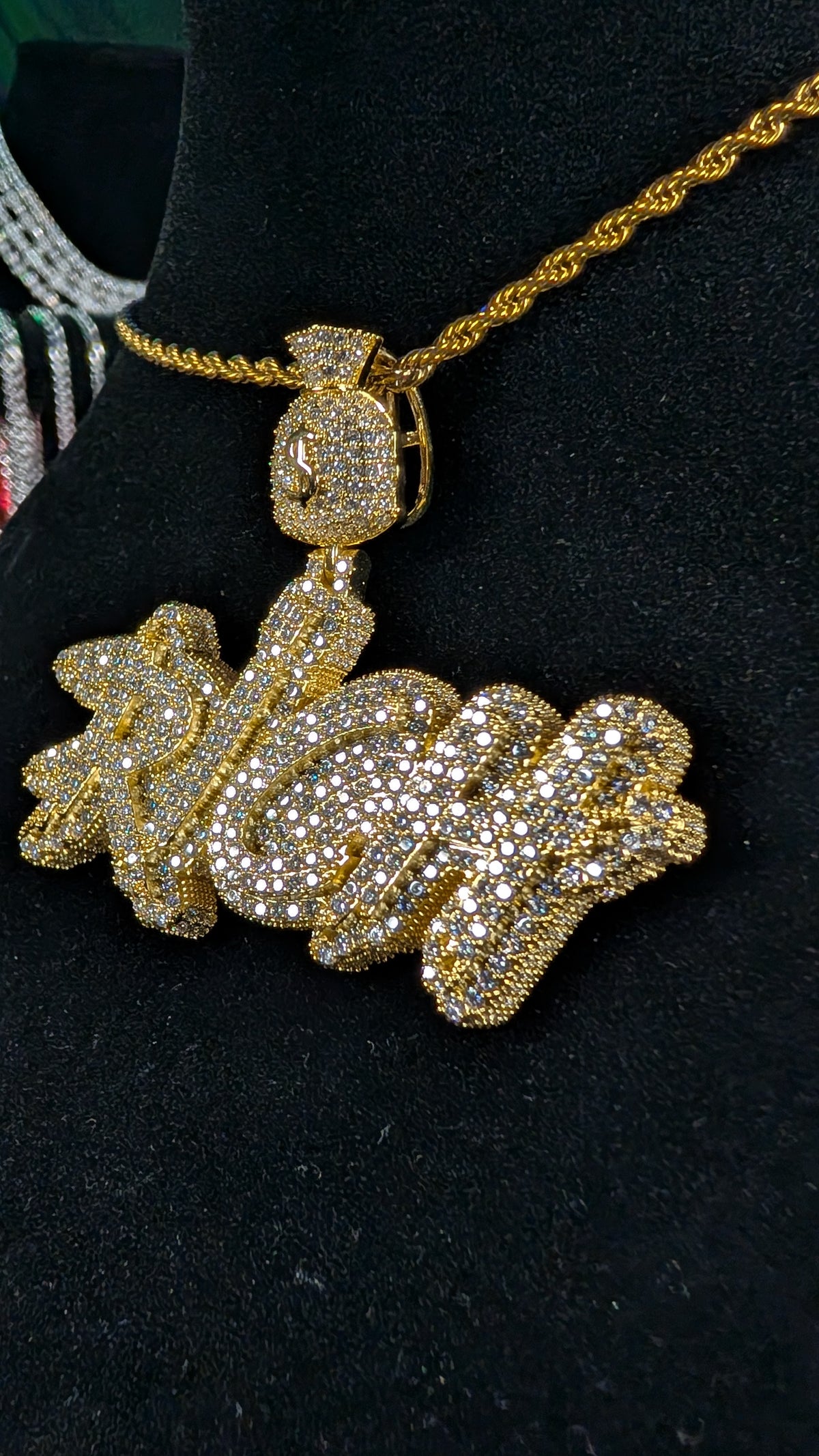 Plated Gold Cosmic Riches Moissanite Pendant on a 24in 3mm Rope Chain
