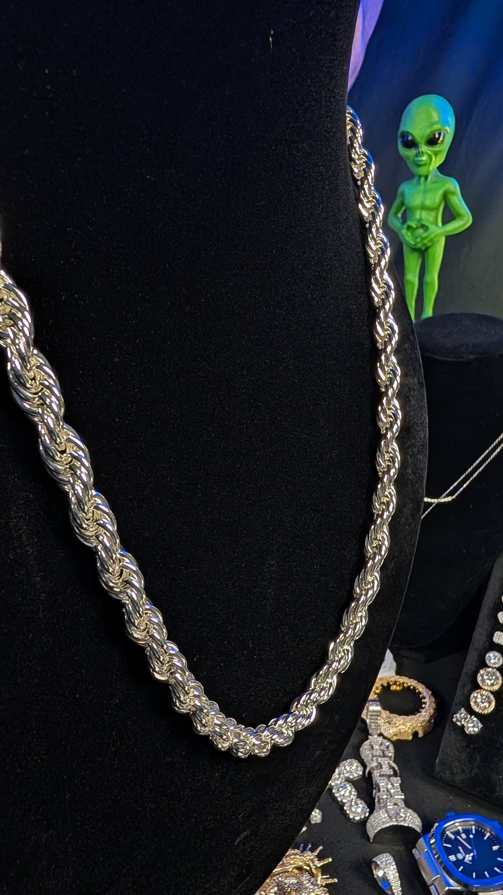Plated Silver Cosmic Twist 24in 8mm Rope Chain Necklace