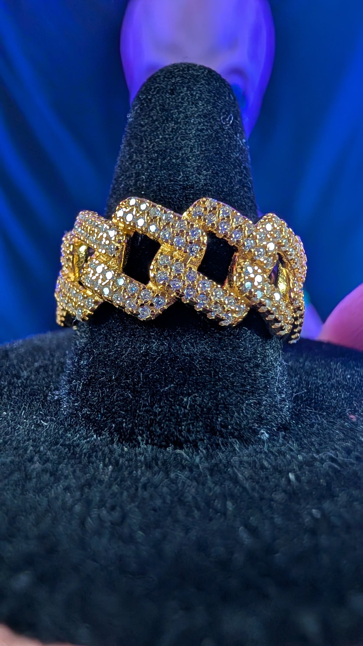 Galactic Ice Solar Flare Cuban Link Moissanite S925 Sterling Silver Gold Plated Ring