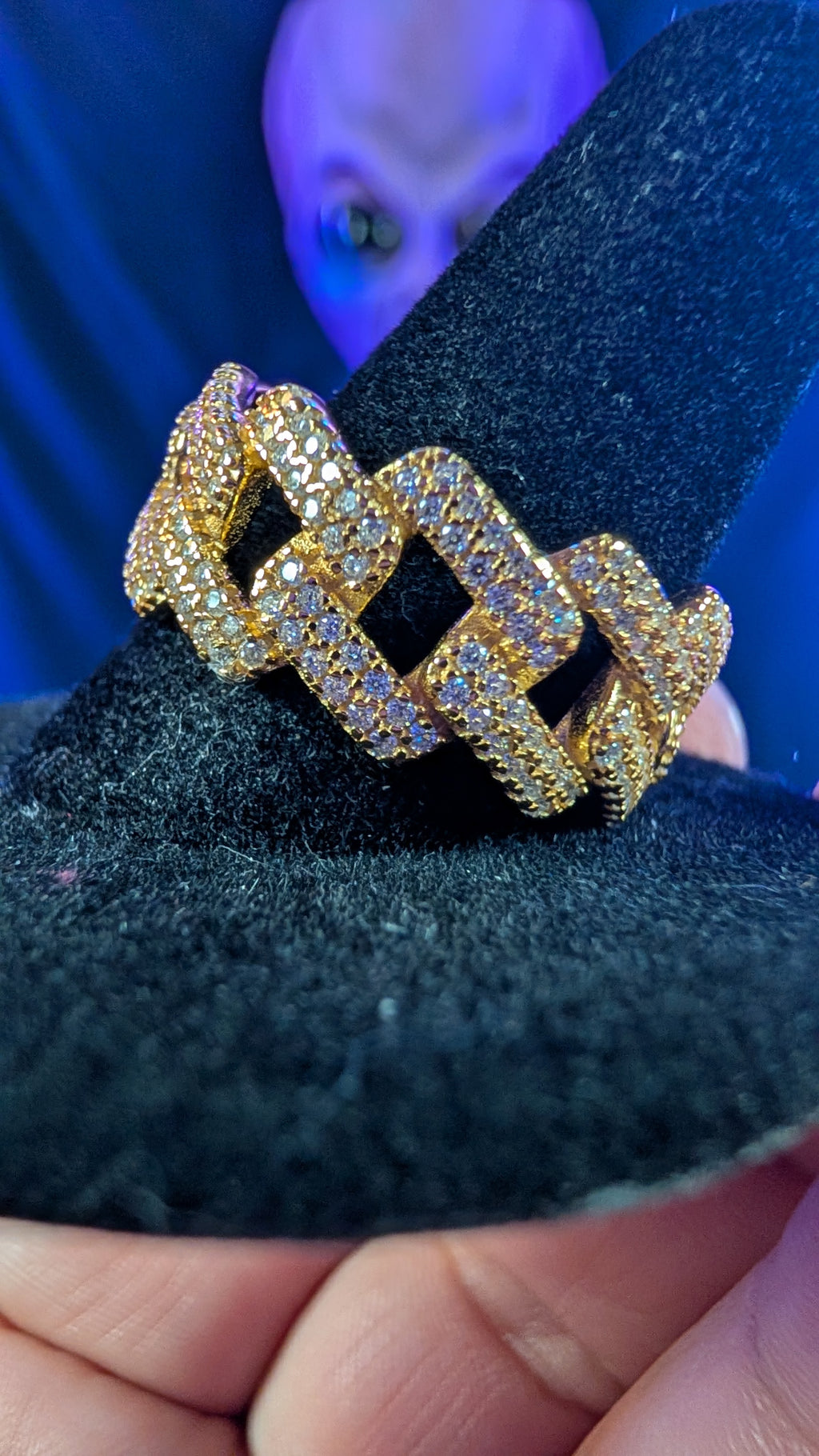 Galactic Ice Solar Flare Cuban Link Moissanite S925 Sterling Silver Gold Plated Ring