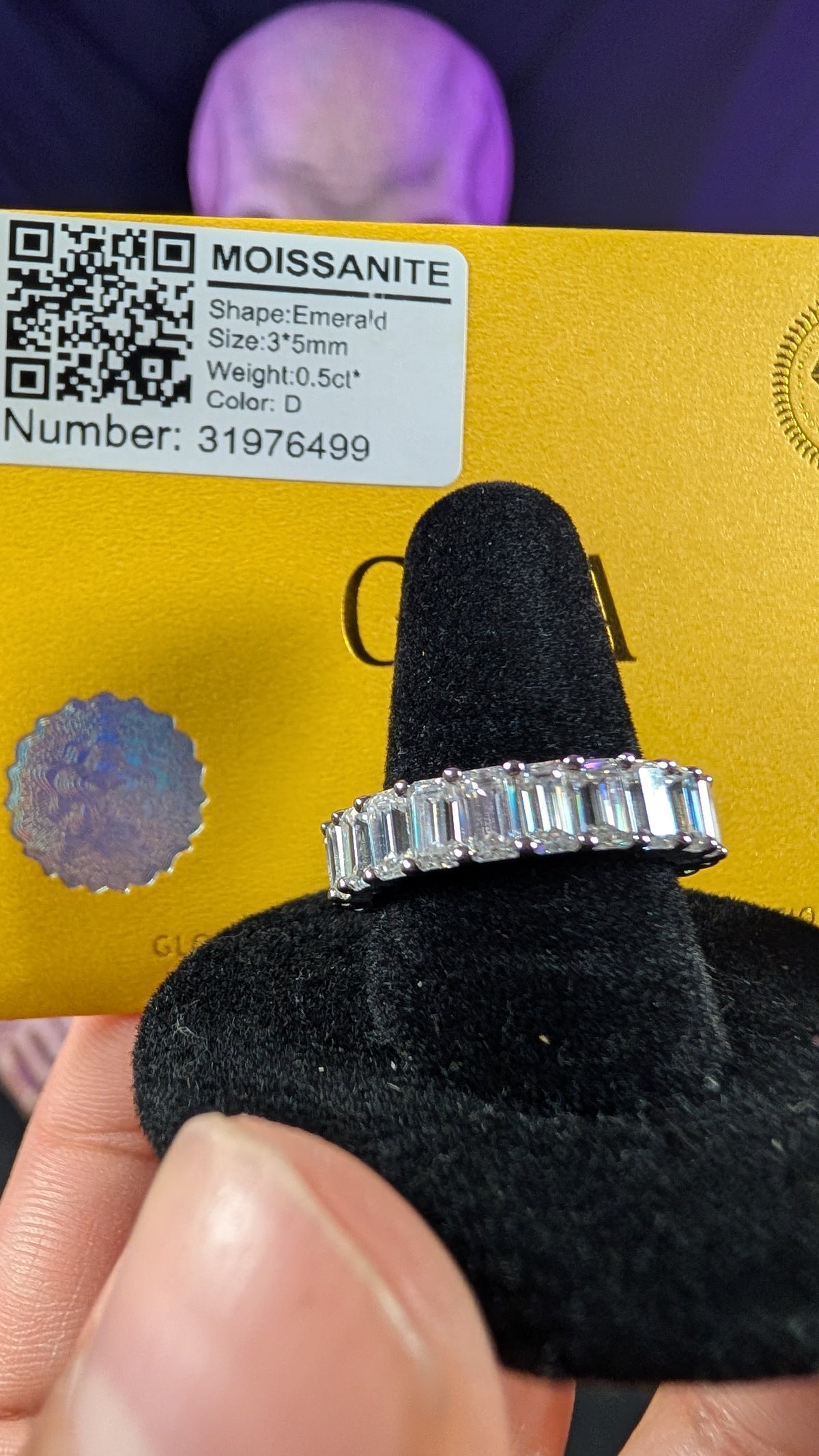 Galactic Ice Andromeda Ice Emerald Cut Moissantie S925 Sterling Silver Band